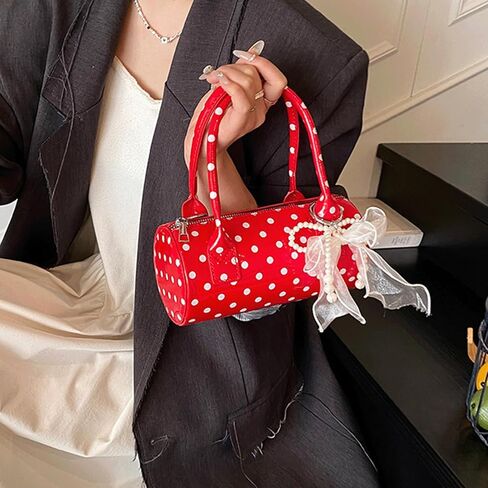 Polka Dot Purse Mini Bucket Bag Pearl Bow Charm Round Barrel Bag Patent Soft Leather Top Handle Crossbody Shoulder Handbag in Saudi Arabia