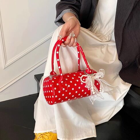 Polka Dot Purse Mini Bucket Bag Pearl Bow Charm Round Barrel Bag Patent Soft Leather Top Handle Crossbody Shoulder Handbag in Saudi Arabia
