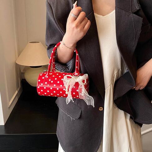 Polka Dot Purse Mini Bucket Bag Pearl Bow Charm Round Barrel Bag Patent Soft Leather Top Handle Crossbody Shoulder Handbag in Saudi Arabia