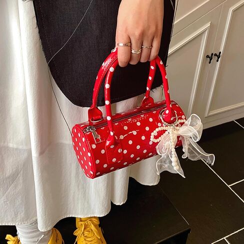 Polka Dot Purse Mini Bucket Bag Pearl Bow Charm Round Barrel Bag Patent Soft Leather Top Handle Crossbody Shoulder Handbag in Saudi Arabia