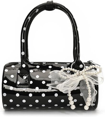 Polka Dot Purse Mini Bucket Bag Pearl Bow Charm Round Barrel Bag Patent Soft Leather Top Handle Crossbody Shoulder Handbag in Saudi Arabia