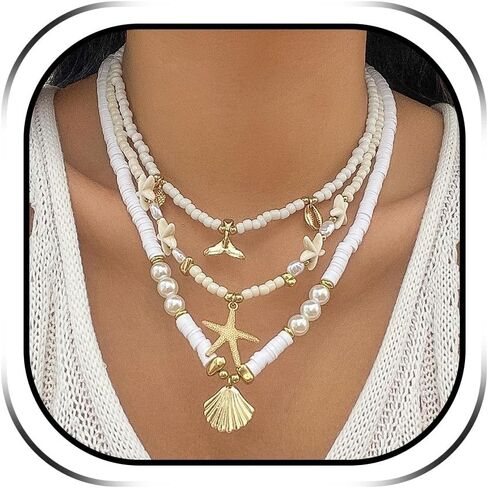 Charm Necklace Gold Seashell Necklace for Women Adjustable Layered Shell Necklace Beach Essentials Holiday Jewelry Stocking Stuffers for Women in Kuwait