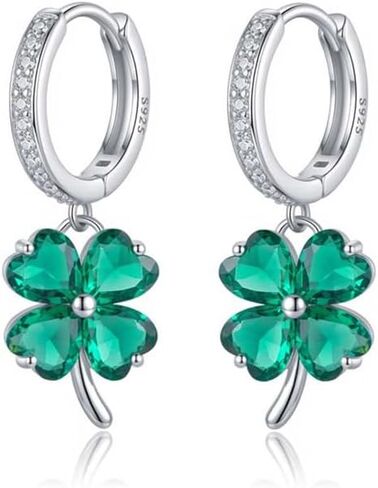 Reffeer Solid 925 Sterling Silver CZ Clover Leaf Earrings Drops for Women Teens Shamrock Earrings Hoops Green St Patrick’s Day in Saudi Arabia