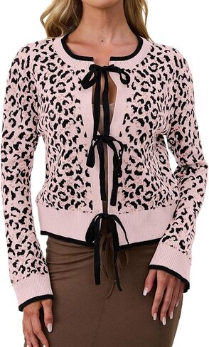 Ythomm Women Leopard Print Bow Tie Cardigan Sweaters Long Sleeve Crewneck Open Front Knit Cardigan Coats Casual Loose Outwear in Saudi Arabia