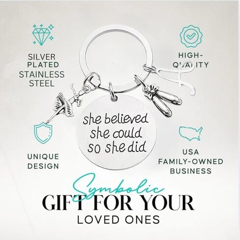 Personalized Dance Keychain with Initial Charm, She Believed She Could So She Did Pendant, Silver Tone Ballerina Ballet Slippers Key Ring, Recital Gift for Girls Dancers Teachers in Saudi Arabia