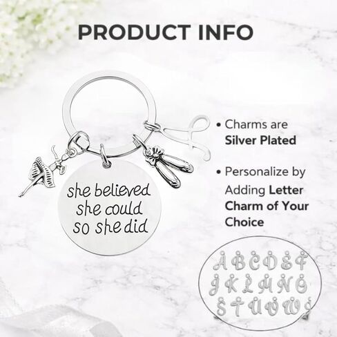 Personalized Dance Keychain with Initial Charm, She Believed She Could So She Did Pendant, Silver Tone Ballerina Ballet Slippers Key Ring, Recital Gift for Girls Dancers Teachers in Saudi Arabia