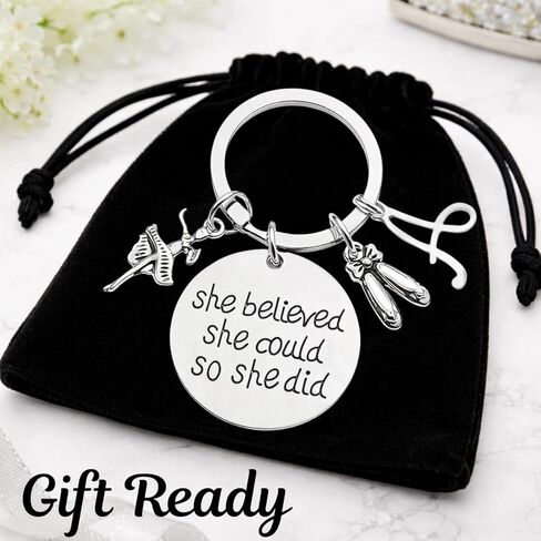 Personalized Dance Keychain with Initial Charm, She Believed She Could So She Did Pendant, Silver Tone Ballerina Ballet Slippers Key Ring, Recital Gift for Girls Dancers Teachers in Saudi Arabia