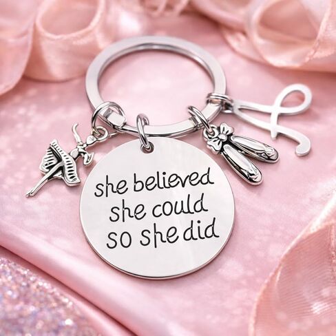 Personalized Dance Keychain with Initial Charm, She Believed She Could So She Did Pendant, Silver Tone Ballerina Ballet Slippers Key Ring, Recital Gift for Girls Dancers Teachers in Saudi Arabia