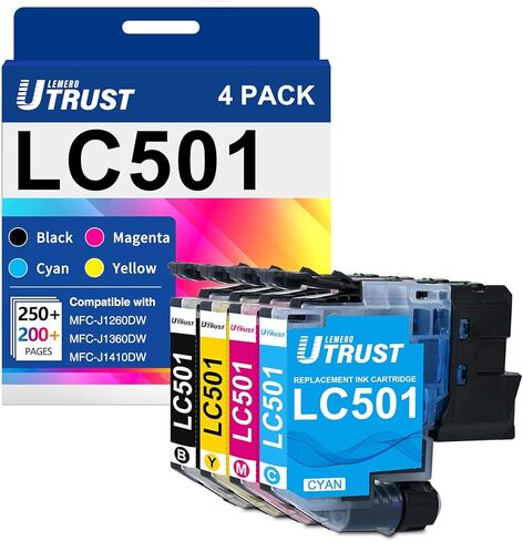 خراطيش حبر LEMERO UTRUST LC501 بديلة لطابعات Brother MFC-J1260DW، MFC-J1360DW، MFC-J1410DW، متوافقة مع حبر Brother LC-501 (أسود، سماوي، أرجواني، أصفر 4 عبوات) in Kuwait