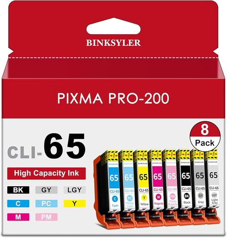 8 عبوات من خراطيش حبر CLI-65 CLI65 مع رقاقة متوافقة مع طابعة Canon Pixma Pro-200 Pro-200s (BK/C/M/Y/PM/PC/GY/LGY)، طباعة بدون حدود من 3.5 بوصة × 3.5 بوصة حتى 13 بوصة × 19 بوصة in Kuwait