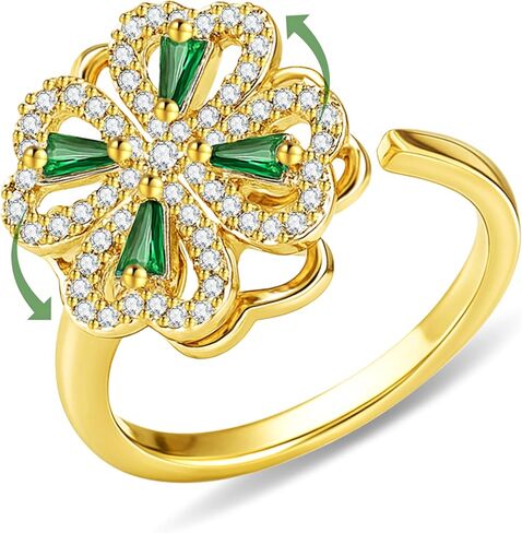 خاتم البرسيم ذو الأربع أوراق على شكل قلب، خاتم زركونيا مكعب مطلي بالذهب عيار 14 قيراط قابل للتعديل للنساء، هدية مجوهرات محظوظة in Kuwait