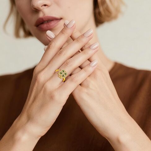 خاتم البرسيم ذو الأربع أوراق على شكل قلب، خاتم زركونيا مكعب مطلي بالذهب عيار 14 قيراط قابل للتعديل للنساء، هدية مجوهرات محظوظة in Kuwait