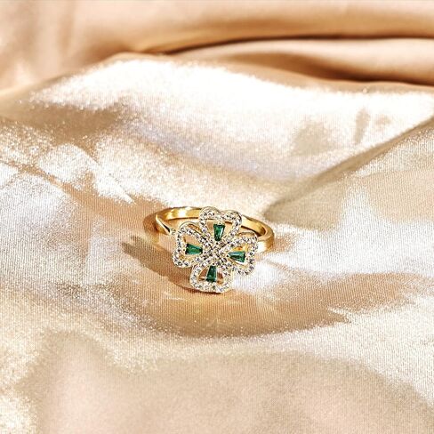 خاتم البرسيم ذو الأربع أوراق على شكل قلب، خاتم زركونيا مكعب مطلي بالذهب عيار 14 قيراط قابل للتعديل للنساء، هدية مجوهرات محظوظة in Kuwait