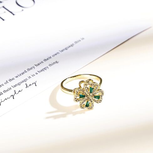 خاتم البرسيم ذو الأربع أوراق على شكل قلب، خاتم زركونيا مكعب مطلي بالذهب عيار 14 قيراط قابل للتعديل للنساء، هدية مجوهرات محظوظة in Kuwait