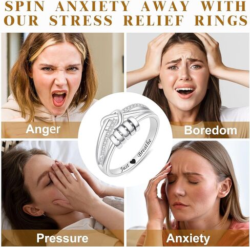 BEILIN Anxiety Ring for Women Sterling Silver Just Breathe Fidget Rings Rotating Beads Stress Relief Jewelry Heartfelt Gifts for Women in Kuwait