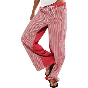 Women Striped Low Rise Pants Boho Wide Leg Pant Trendy Fun Patchwork Draw String Pull On Jeans in Kuwait