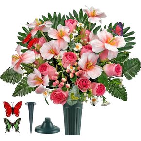 زهور القبر ليوم الذكرى، باقة زهور المقبرة الوردية الربيعية مع مزهرية لتزيين شاهد القبر/القبر، سهلة التركيب وثابتة الألوان in Kuwait