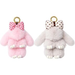 2 PCS Bunny Keychain, Cute Bunny Keychains, Bunnykeychains with Bow, Pink and Gray Color Options, Soft Bunnykeychain for Bags and Keys in Kuwait