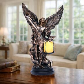 مصباح تمثال سانت مايكل مع حامل شموع Tealight لديكور المنزل تمثال سانت مايكل رئيس الملائكة سانت مايكل يهزم لوسيفر في حامل شموع LED قابل للتجميع على الطاولة 11.6 بوصة in Kuwait