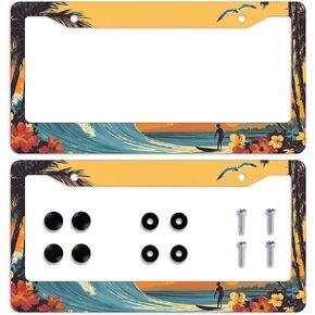 2 Pcs Stained Glass Waves License Plate Frame Sunset Ocean License Plate Holder Car Plate Holder Cover Universal Accessories License Plate Aluminum Car Tag Frames for Women Men US Vehicles in Kuwait