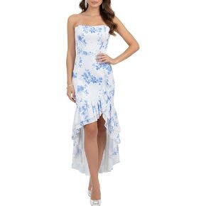Women's Sexy Elegant Layered Frilled Ruffles Asymmetrical Hem Backless Strapless Maxi Bodycon Dress in Kuwait