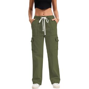 YOCUR Mid Rise Cargo Jeans Women Elastic Waist Stretch Wide Leg Denim Pants Pockets Multistyle Straight Leg Denim Trousers in Kuwait