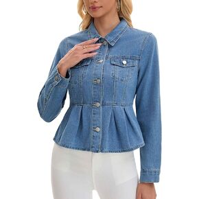 Women's Denim Jacket Button Down Collar Ruffle Hem with Pockets Peplum Jean Jackets in Kuwait