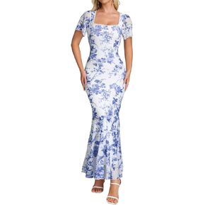 Parthea Womens Floral Mesh Square Neck Lace Ruffle Short Sleeve Dress Elegant Summer Wedding Guest Maxi Dress in Kuwait