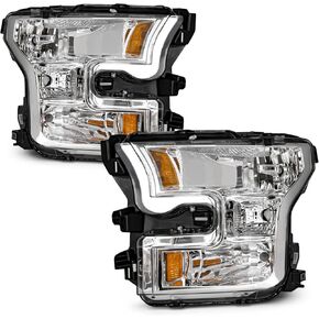 Headlight Assembly for 2015 2016 2017 Ford F150 with Chrome Housing Amber Reflector Driver and Passenger Side (Not compatible on models with LED or HID headlights) in Kuwait