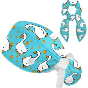 Scrub Caps Women with Button,Adjustable Surgical Caps with Ponytail Pouch,Cartoon Goose Cute Duck Animal Blue Working Cap with Bow Hair Scrunchy in Saudi Arabia