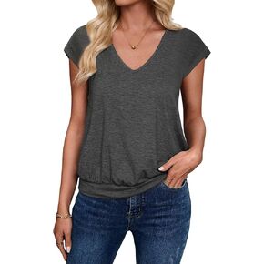 V Neck Cap Sleeve Top Women Banded Bottom T Shirts Fashion Blouse Summer Spring Beach Vacation Outfits Clothes 2026 in Saudi Arabia