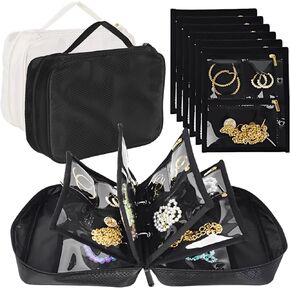 حقيبة تنظيم مجوهرات السفر من STARVAST مكونة من قطعتين، حافظة مجوهرات مع 6 صفحات أكياس مخملية بسحاب شفاف لتخزين الأقراط والخواتم والقلادة والسوار والساعة (أسود فاتح أبيض) in Kuwait