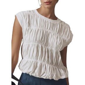 المرأة كاب كم المتدرج Shirred فقاعة القمم لطيف بيبي دول بلوزة الصلبة طاقم الرقبة Ruched تي شيرت Smocked تانك القمم in Kuwait