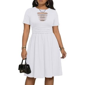 FANDEE Casual Dresses for Women Front Hollow Design A-Line Fit Wedding Guests Party Shopping Midi Dress with Pockets in Kuwait