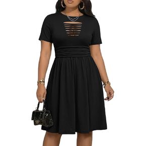 FANDEE Casual Dresses for Women Front Hollow Design A-Line Fit Wedding Guests Party Shopping Midi Dress with Pockets in Kuwait