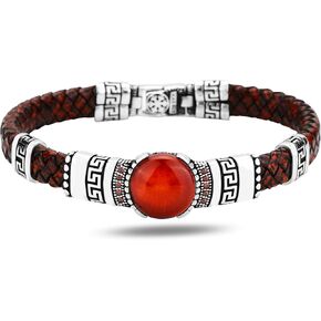 Men Silver Leather Bracelet, Silver Natural Ruby Stone Bracelet, Unique Anniversary Gift For Men Vintage Bracelet, 925k Sterling Bracelet in Kuwait