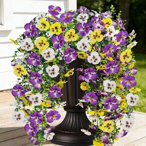 Artificial Fake Hanging Flowers Plants for Outdoor Spring Decoration, 4 Pack Faux Silk Pansy UV Resistant for Outside Home Indoor Porch Planter Patio Balcony Decor (Purple, Yellow, White) in Kuwait
