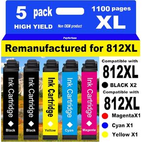 PayForLess for 812XL المعاد تصنيعها لحزمة خراطيش الحبر Epson 812XL Combo Pack لـ 812 XL for Workforce Pro WF-7840 WF-7820 WF-7310 EC-C7000 الطابعة 2 أسود 1 سماوي 1 أرجواني 1 أصفر 5 عبوات in Kuwait