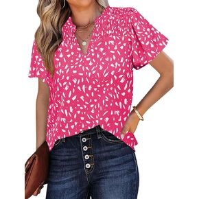 Poetsky Women's Summer Short Sleeve Chiffon Tops Dressy V Neck Floral Print Shirts Business Casual Work Blouses in Kuwait