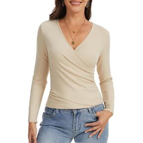 بلايز نسائية ملفوفة بأكمام طويلة، بلوزة خريفية كاجوال ملفوفة على شكل حرف V عميقة ومكشكشة ومقاس نحيف in Kuwait