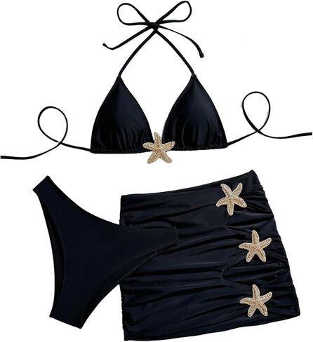 طقم بيكيني نسائي من Verdusa مكون من 3 قطع من بيكيني Boho Starfish هالتر مع ربطة عنق بدون ظهر مع تنورة لتغطية الشاطئ in Saudi Arabia