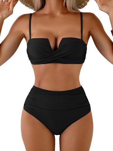 Push Up Bikini Sets for Women Wrap Two Piece Swimsuit Tummy Control Bathing Suit Tie Back Swimwear Color Block in Kuwait