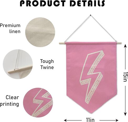 علم راية صاعقة البرق - ديكور حائط وردي، فن معلق لغرفة الفتيات المراهقات، ديكور حضانة وردي، هدية فريدة للبنات وأفضل الأصدقاء. (016) in Kuwait
