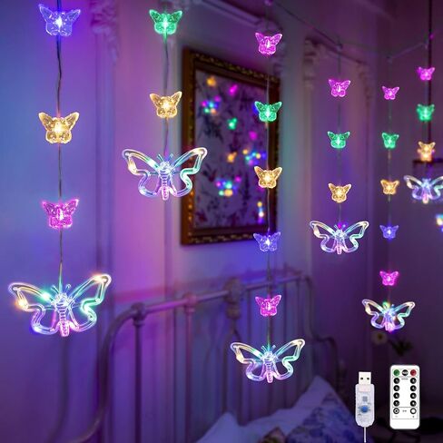 YOLIGHT Butterfly Curtain Lights for Bedroom 9.8ft LED Twinkle Fairy Light with Remote Timer Cute String Lights Wall Décor for Kids Girls Room Bed Canopy Wedding Easter Decoration (Multicolor) in Kuwait