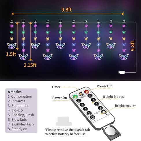 YOLIGHT Butterfly Curtain Lights for Bedroom 9.8ft LED Twinkle Fairy Light with Remote Timer Cute String Lights Wall Décor for Kids Girls Room Bed Canopy Wedding Easter Decoration (Multicolor) in Kuwait