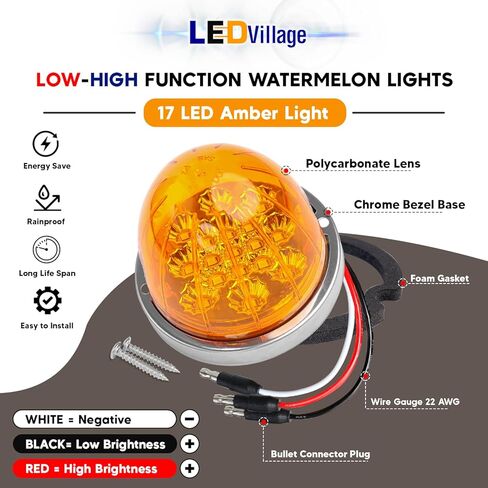 قطعتان من أضواء LED البطيخ العنبر، علامة مزدوجة الوظيفة منخفضة/عالية مع إطار من الفولاذ المقاوم للصدأ، ضوء خلوص جانبي 12 فولت لـ Freightliner، Kenworth، Peterbilt in Kuwait