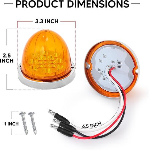 قطعتان من أضواء LED البطيخ العنبر، علامة مزدوجة الوظيفة منخفضة/عالية مع إطار من الفولاذ المقاوم للصدأ، ضوء خلوص جانبي 12 فولت لـ Freightliner، Kenworth، Peterbilt in Kuwait
