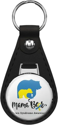 Down Syndrome Awareness, Mama Bear Leather Keychain Stainless Steel Ring for Keys, Bags, or Backpacks in Saudi Arabia