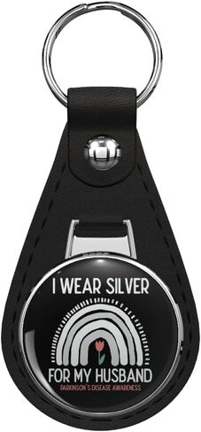 Parkinsons Disease Awareness I Wear Gray For My Husband Leather Keychain Stainless Steel Ring for Keys, Bags, or Backpacks in Saudi Arabia