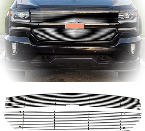 مجموعة إدراج الشبكة الأمامية المصقولة المتوافقة مع 2016-2018 Chevy Silverado 1500 (16 17 18 Silverado 1500) و2019 Silverado 1500 LD من الألومنيوم الرئيسي العلوي للشواية على النمط in Kuwait